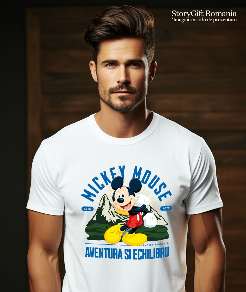 Tricou Barbati cu Mickey Mouse – Calator prin Tinuturi Montane 100% Bumbac, Alb, XL [2]