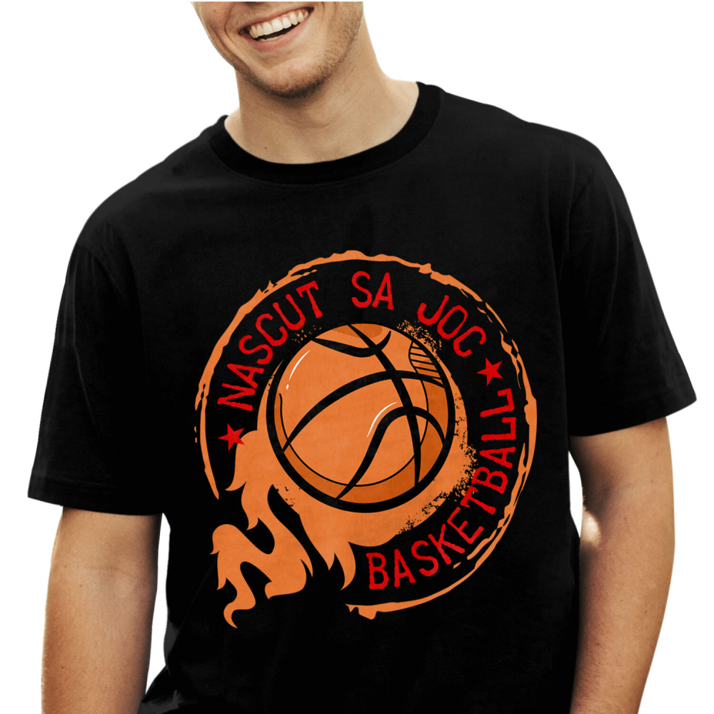 Tricou Femei, Barbati, Copii, Fata, Baiat, Unisex Personalizat Minge Baschet Flăcări – Cadou Motivațional „Născut Să Joc” pentru Iubitorii Sportului [1]