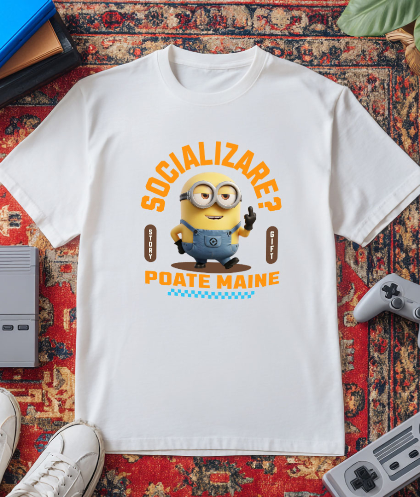 Tricou Barbati cu Minion , Degetul Mijlociu, Socializare? Poate maine, Anti-social 100% Bumbac, Alb, L [3]