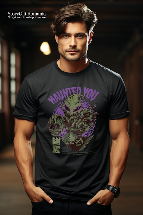 Tricou Barbati Cu Monstru Cu Un Craniu Uman In Mana, Text In Engleza Haunted You, Artwork, Ilustratie, Unica, Creativitate, cu imprimeu pe Fata, 100% Bumbac, Negru, M [2]