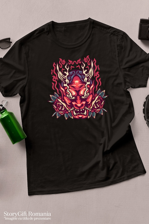 Tricou Barbati Cu Monstru, Masca Oni, Flacari, Trandafiri, Frunze, cu imprimeu pe Fata, 100% Bumbac, Negru, M [3]