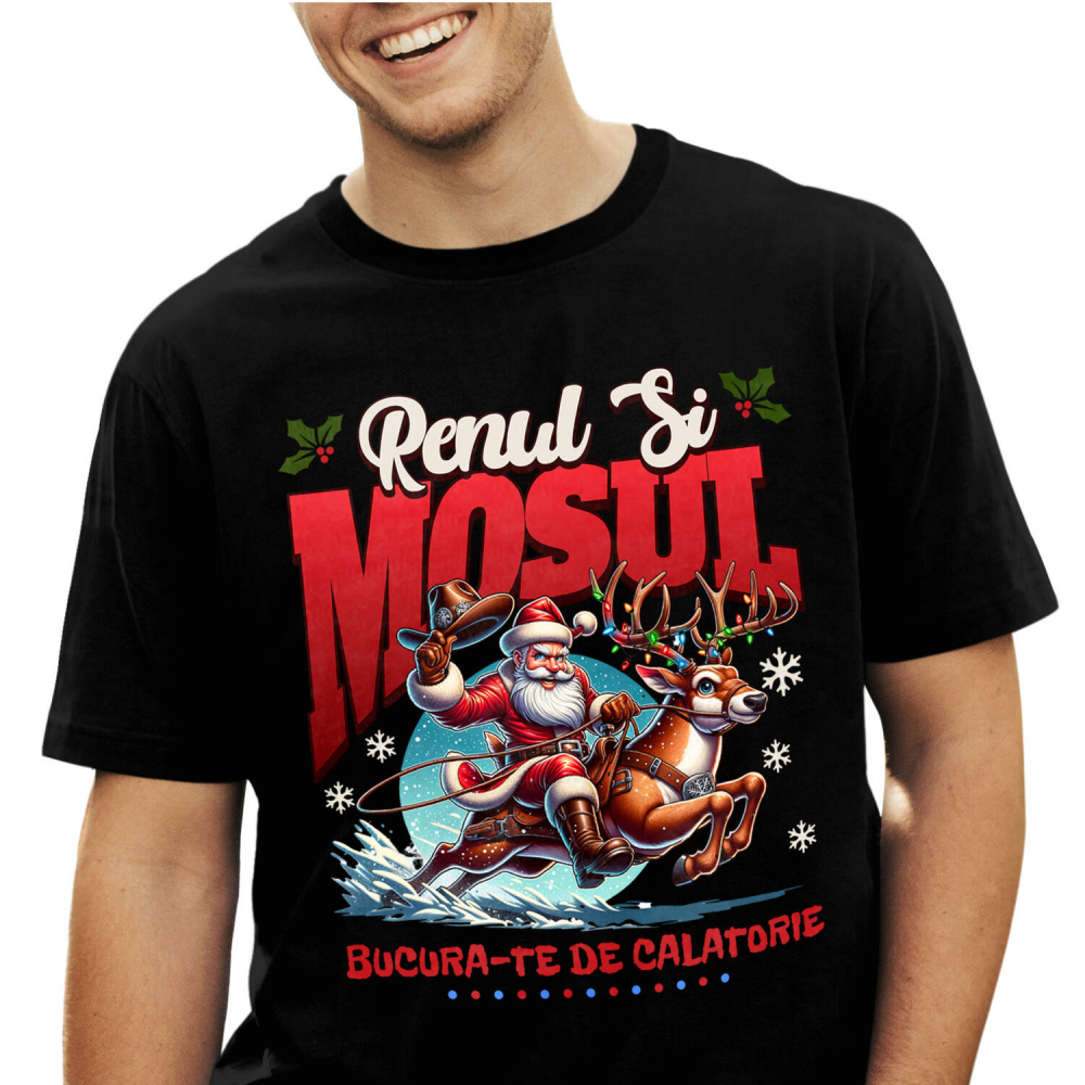 Tricou Femei, Barbati, Copii, Fata, Baiat, Unisex Personalizat Moș Crăciun pe Ren Impodobit - Bucură-te de Călătoria Rapidă și Cadouri Personalizate [1]