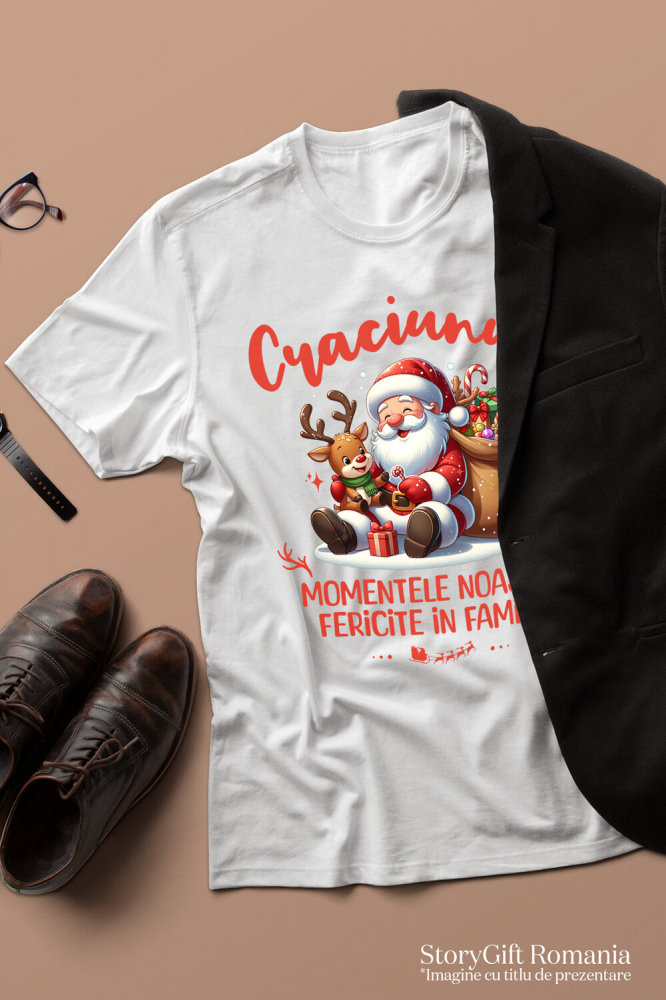 Tricou Femei, Barbati, Copii, Fata, Baiat, Unisex Personalizat Moș Crăciun Animat cu Ren și Sac de Cadouri - Momente Fericite în Familie [3]