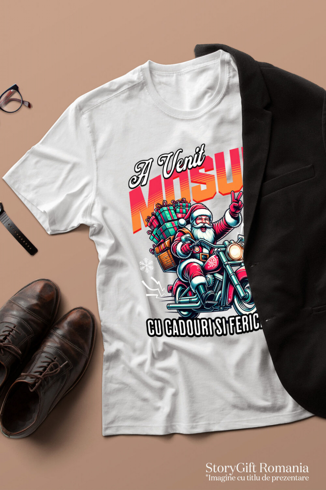 Tricou Femei, Barbati, Copii, Fata, Baiat, Unisex Personalizat Moș Crăciun Cool Pe Motocicletă - A Venit Mosul Cu Cadouri și Fericire [3]