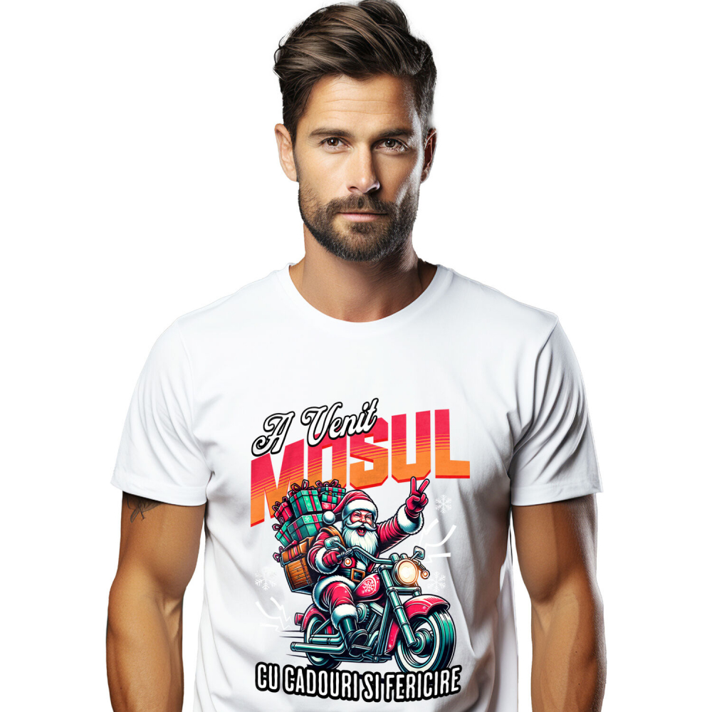 Tricou Femei, Barbati, Copii, Fata, Baiat, Unisex Personalizat Moș Crăciun Cool Pe Motocicletă - A Venit Mosul Cu Cadouri și Fericire [1]