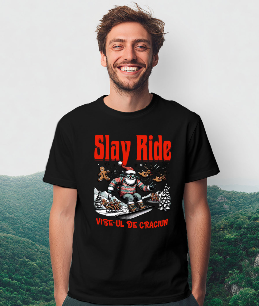 Tricou Femei, Barbati, Copii, Fata, Baiat, Unisex Personalizat Moș Crăciun cu Pulover Haios pe Placǎ Snowboard – Slay Ride și Vibe-ul De Crăciun [2]