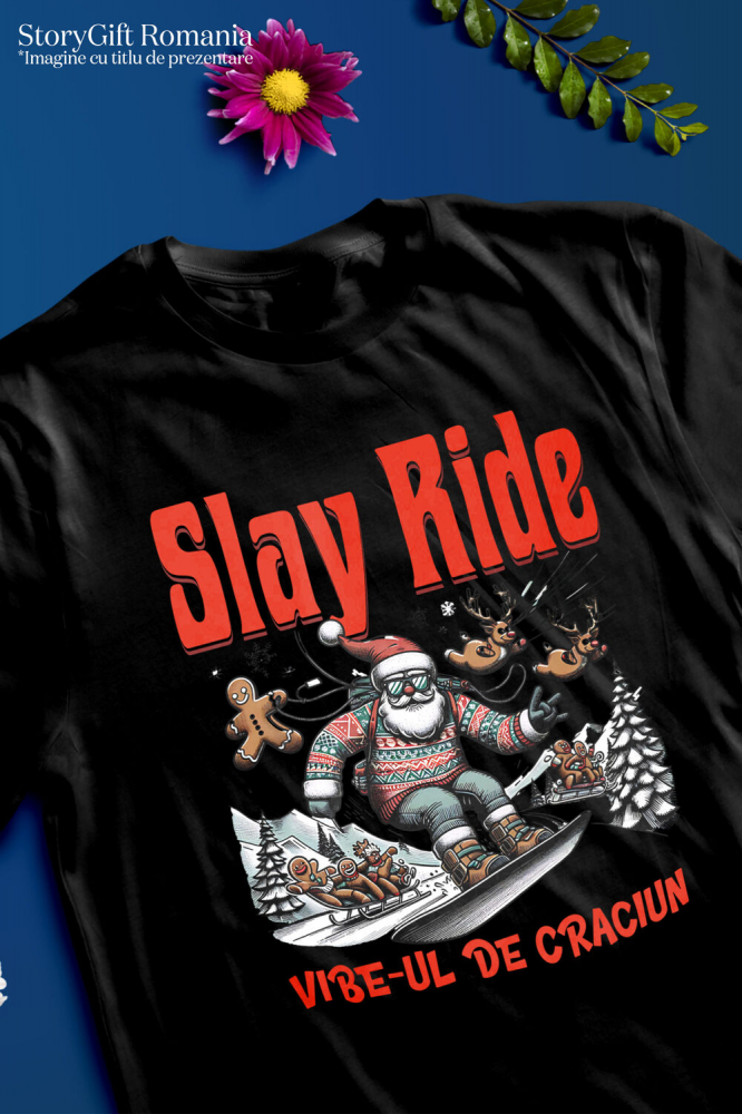 Tricou Femei, Barbati, Copii, Fata, Baiat, Unisex Personalizat Moș Crăciun cu Pulover Haios pe Placǎ Snowboard – Slay Ride și Vibe-ul De Crăciun [3]