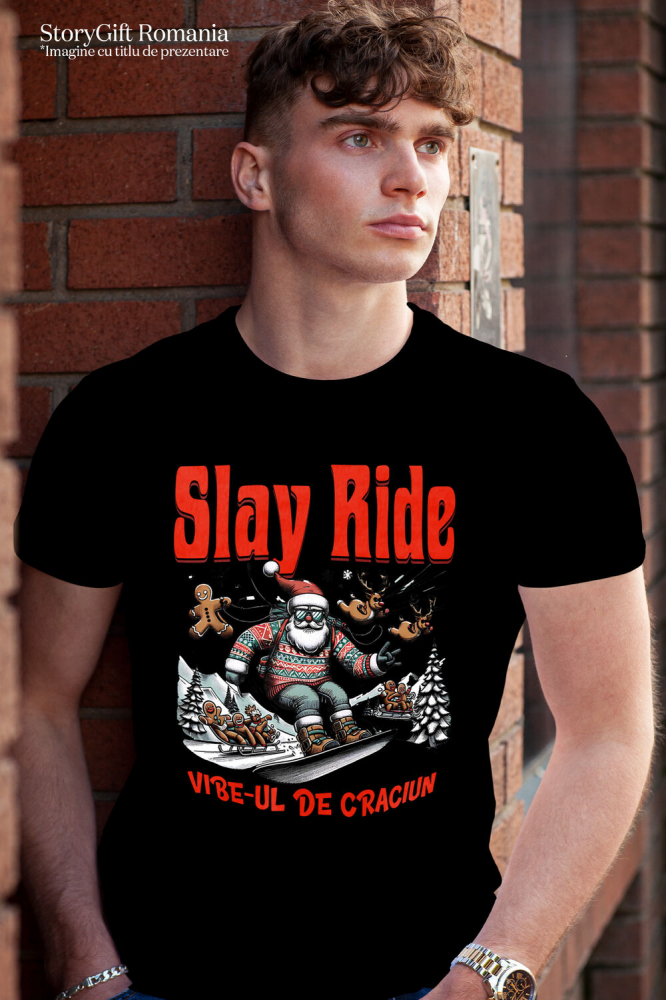 Tricou Femei, Barbati, Copii, Fata, Baiat, Unisex Personalizat Moș Crăciun cu Pulover Haios pe Placǎ Snowboard – Slay Ride și Vibe-ul De Crăciun [2]