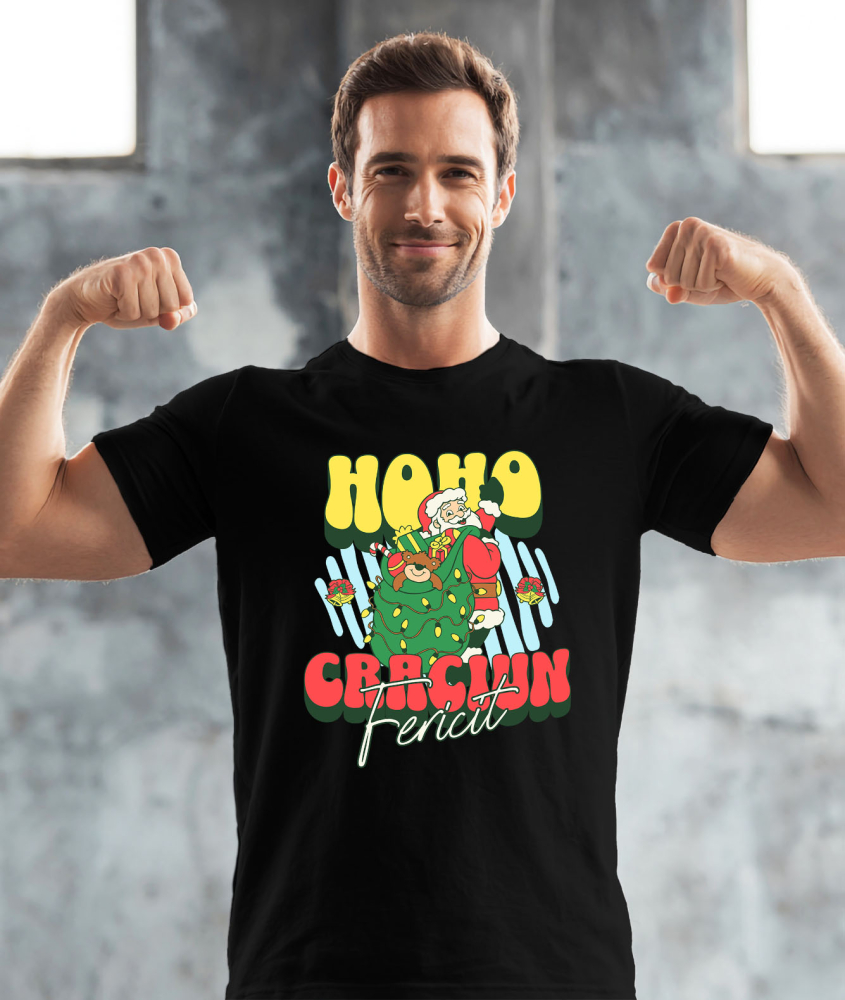 Tricou Femei, Barbati, Copii, Fata, Baiat, Unisex Personalizat Moș Crăciun cu Sac Verde și Cadouri Colorate – Cadouri Personalizate pentru Crăciun Fericit [2]