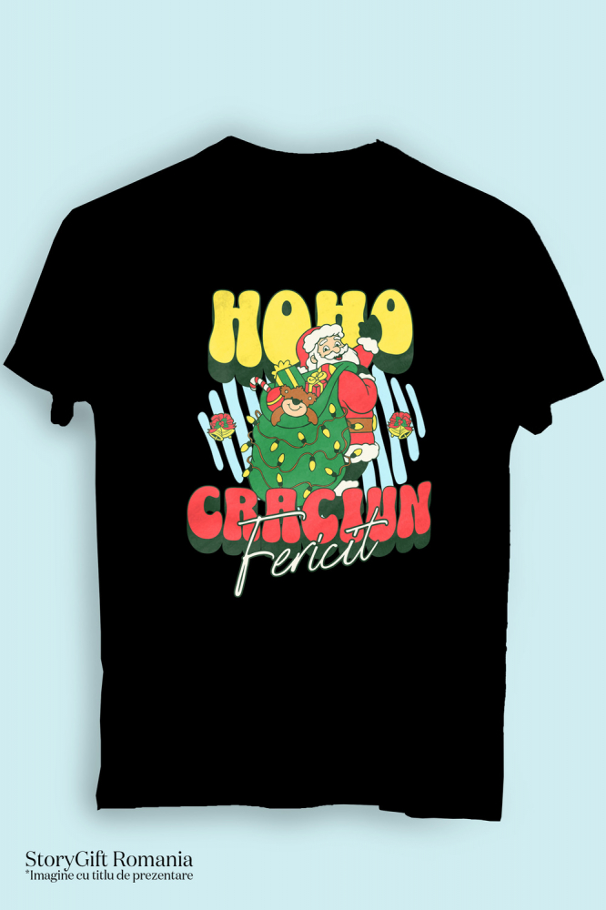 Tricou Femei, Barbati, Copii, Fata, Baiat, Unisex Personalizat Moș Crăciun cu Sac Verde și Cadouri Colorate – Cadouri Personalizate pentru Crăciun Fericit [3]