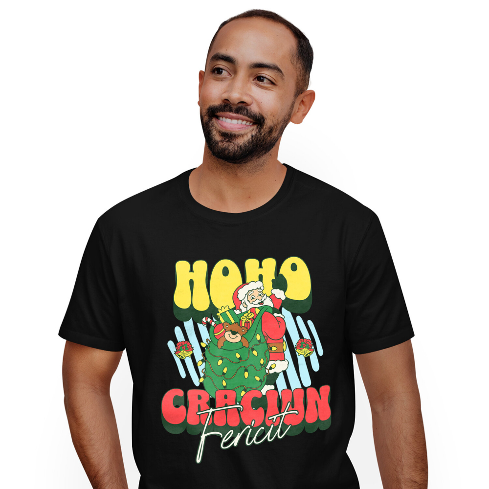 Tricou Femei, Barbati, Copii, Fata, Baiat, Unisex Personalizat Moș Crăciun cu Sac Verde și Cadouri Colorate – Cadouri Personalizate pentru Crăciun Fericit [1]