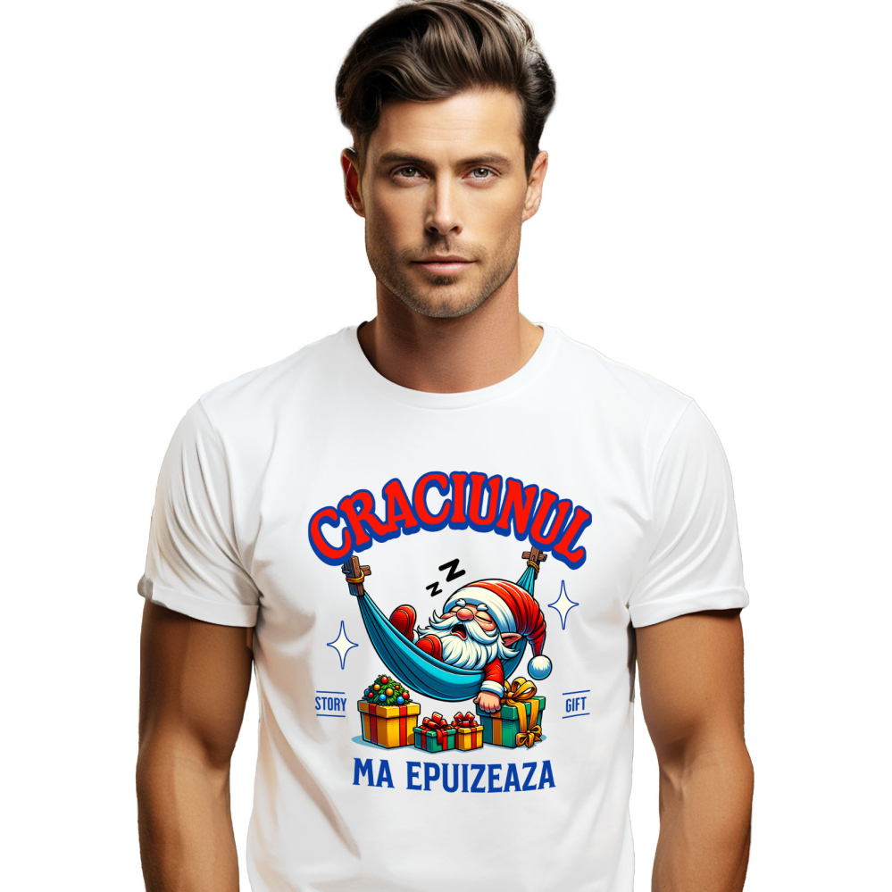 Tricou Femei, Barbati, Copii, Fata, Baiat, Unisex Personalizat Moș Crăciun Extenuat în Hamac cu Cadouri Colorate – Cadouri Personalizate pentru Crăciun Haios [1]