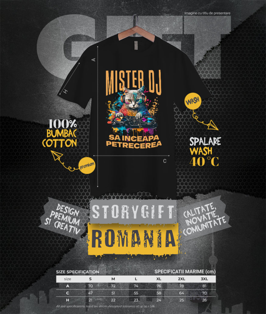 Tricou Femei, Barbati, Copii, Fata, Baiat, Unisex Personalizat "Motan DJ Cu Casti Audio - Distracție Petrecere, Muzică și Zi Aniversară" [4]
