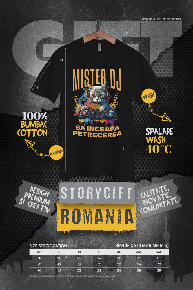 Tricou Femei, Barbati, Copii, Fata, Baiat, Unisex Personalizat "Motan DJ Cu Casti Audio - Distracție Petrecere, Muzică și Zi Aniversară" [4]