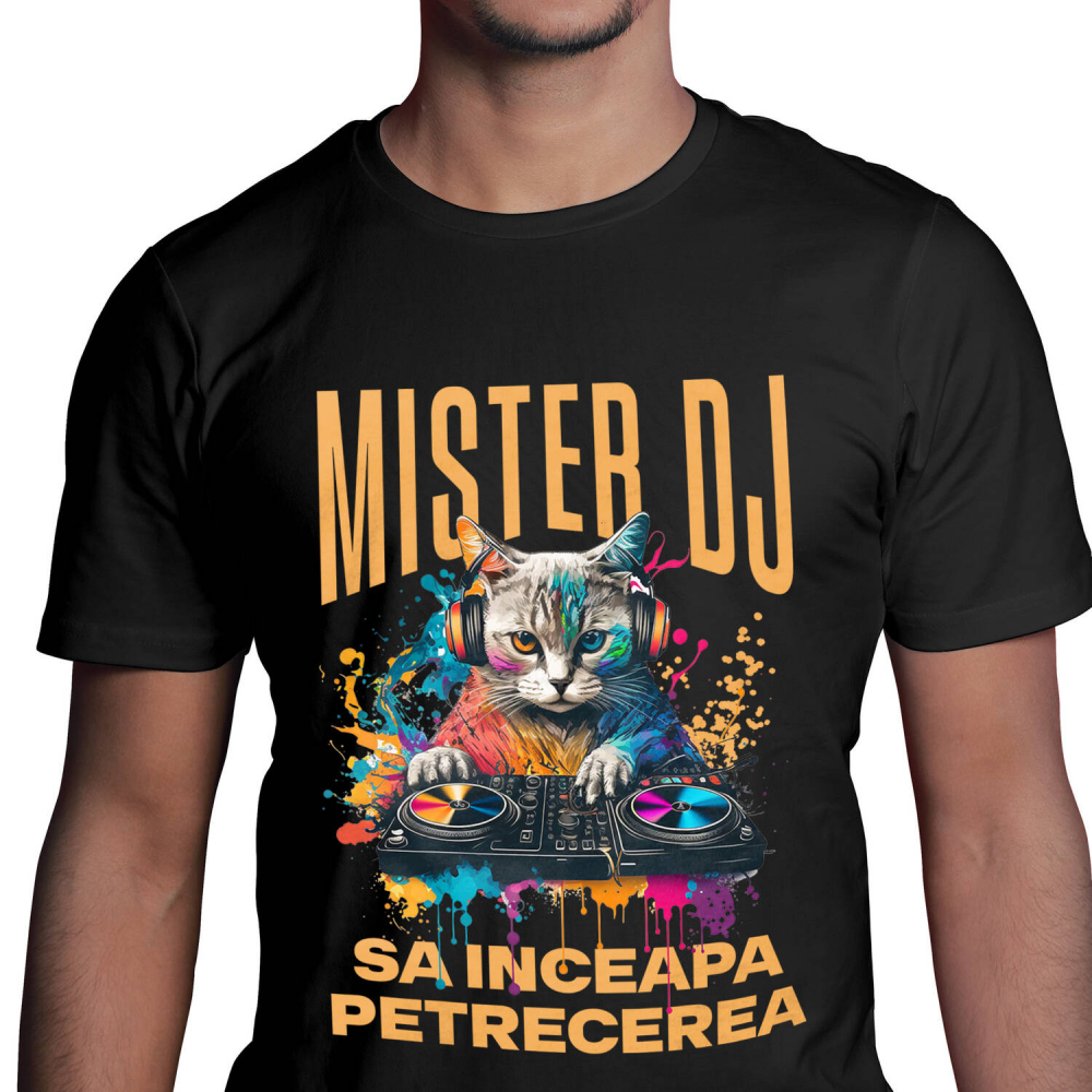 Tricou Femei, Barbati, Copii, Fata, Baiat, Unisex Personalizat "Motan DJ Cu Casti Audio - Distracție Petrecere, Muzică și Zi Aniversară" [1]