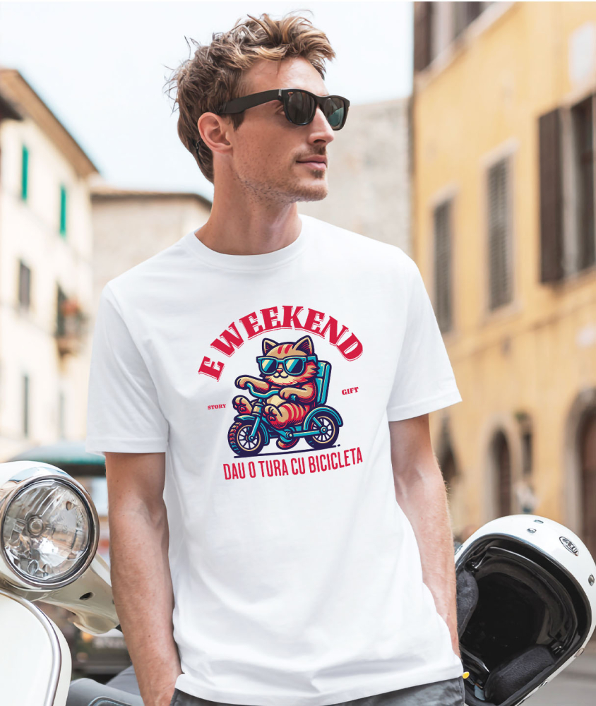 Tricou Femei, Barbati, Copii, Fata, Baiat, Unisex Personalizat "Motan Cu Ochelari De Soare Pe Tricicletă - Weekend Plimbare cu Bicicleta" [2]