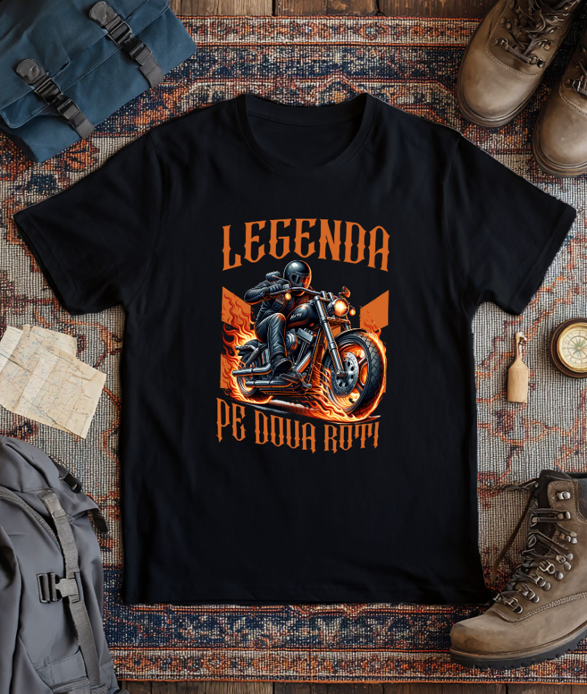 Tricou Femei, Barbati, Copii, Fata, Baiat, Unisex Personalizat Motociclist cu Geacă de Piele – Protecție, Flăcări și Pasiune Moto [3]