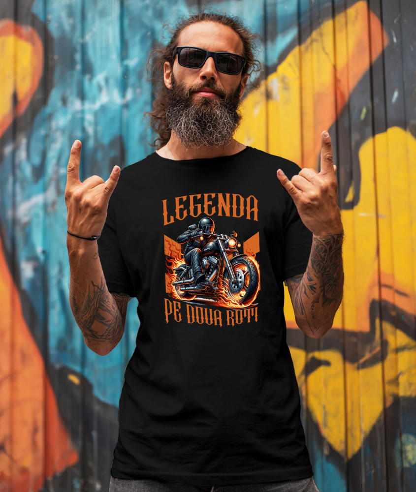 Tricou Femei, Barbati, Copii, Fata, Baiat, Unisex Personalizat Motociclist cu Geacă de Piele – Protecție, Flăcări și Pasiune Moto [2]