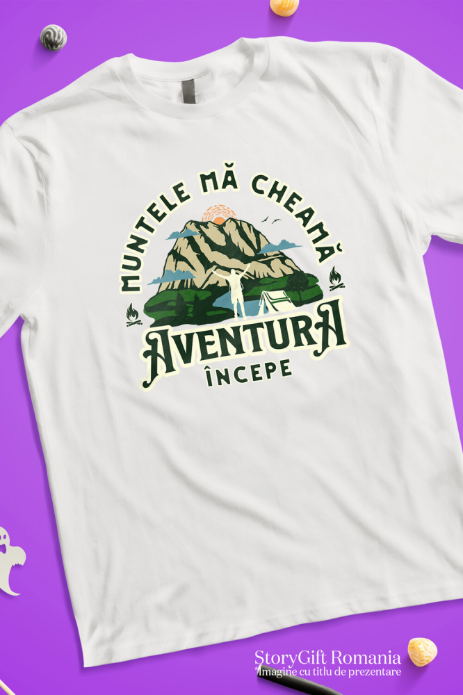 Tricou Femei, Barbati, Copii, Fata, Baiat, Unisex Personalizat "Munte Înalt Cu Cort – Aventura Începe La Munte" [3]