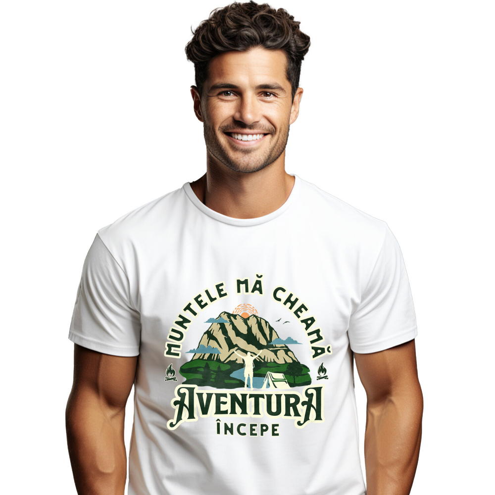 Tricou Femei, Barbati, Copii, Fata, Baiat, Unisex Personalizat "Munte Înalt Cu Cort – Aventura Începe La Munte" [1]