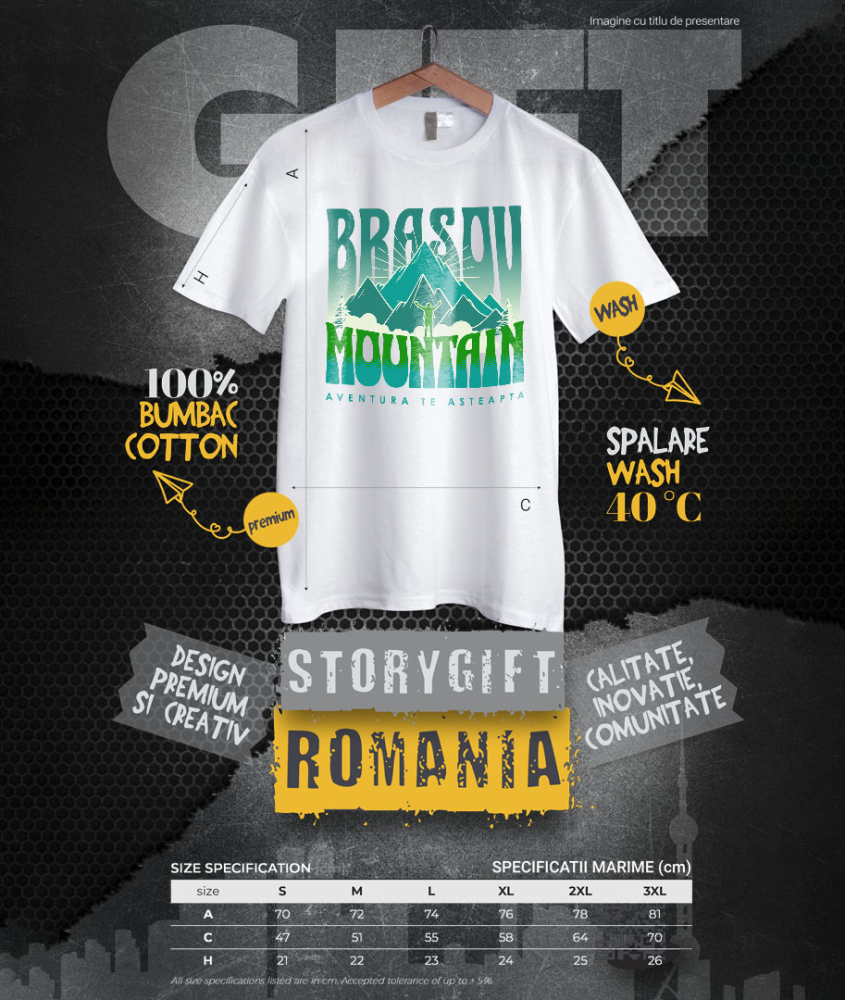 Tricou Femei, Barbati, Copii, Fata, Baiat, Unisex Personalizat "Aventura Montană în Brașov – Munte Înalt și Siluetă Umană Pe Stâncă" [4]