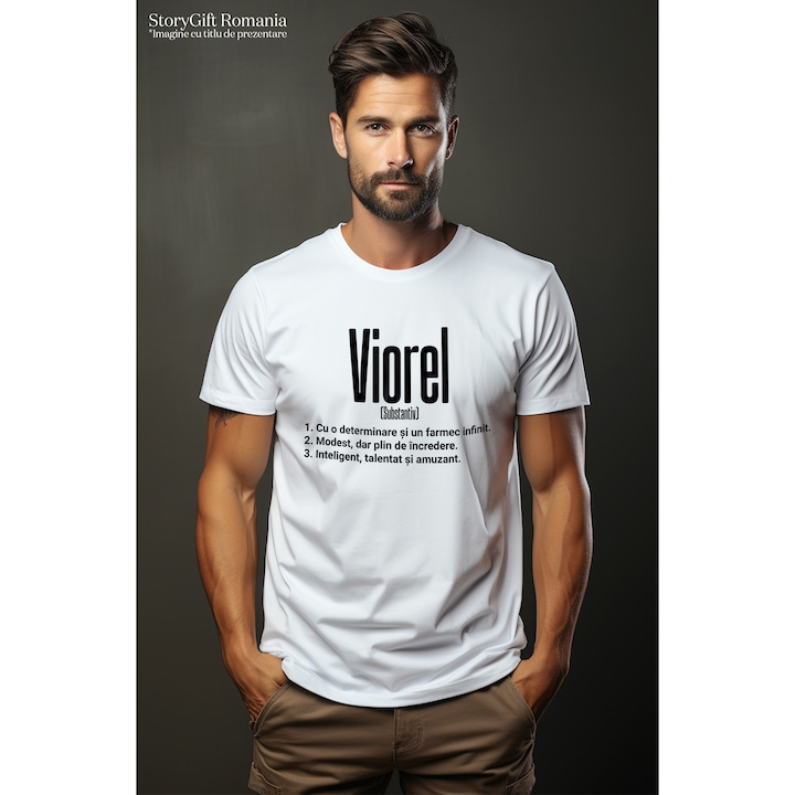 Tricou Barbati Cu Numele Viorel, Determinare, Modest, Inteligent, Amuzant, Personalizat, Cadou cu imprimeu pe Fata, 100% Bumbac, Alb, L [2]