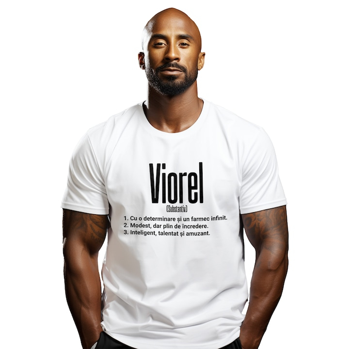 Tricou Barbati Cu Numele Viorel, Determinare, Modest, Inteligent, Amuzant, Personalizat, Cadou cu imprimeu pe Fata, 100% Bumbac, Alb, L [1]