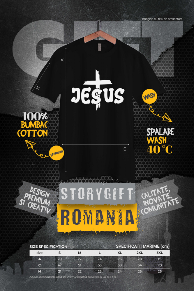 Tricou Barbati cu o cruce si textul "Jesus" - Iisus pocainta bunatate cu imprimeu pe Fata, 100% Bumbac, Negru, S [2]