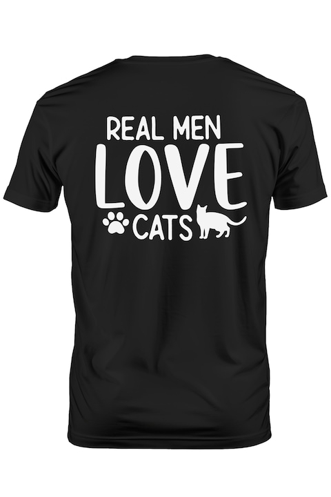 Tricou Barbati cu o pisica si textul "Barbatii adevarati iubesc pisicile" cu imprimeu pe Spate, 100% Bumbac, Negru, S [1]