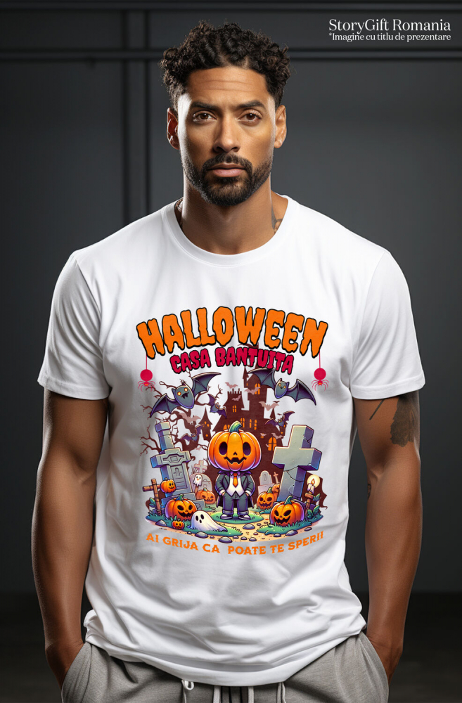 Tricou Femei, Barbati, Copii, Fata, Baiat, Unisex Personalizat Om cu Cap De Dovleac și Mesaj Halloween | Casa Bântuită | Cadouri Personalizate pentru Halloween [2]