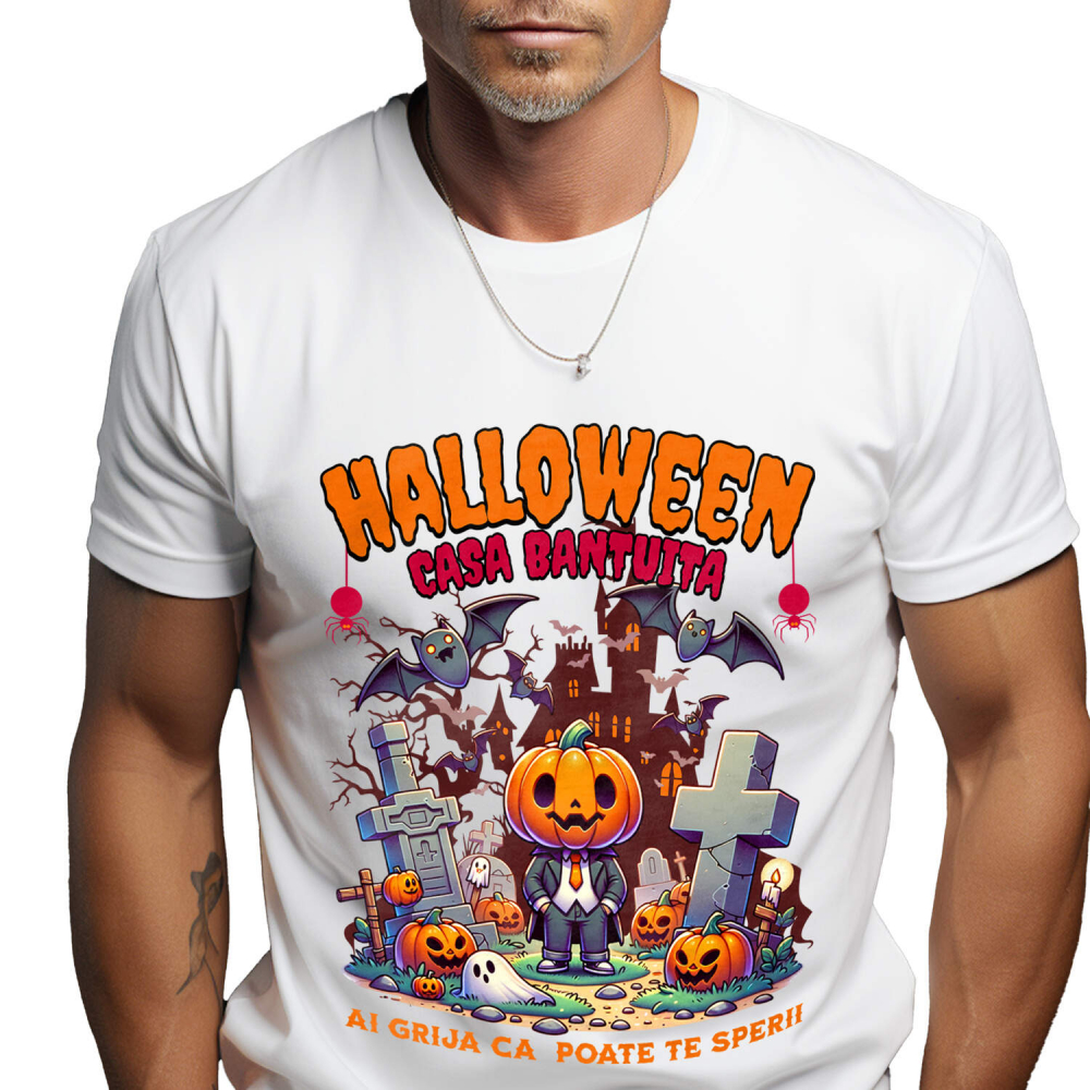 Tricou Femei, Barbati, Copii, Fata, Baiat, Unisex Personalizat Om cu Cap De Dovleac și Mesaj Halloween | Casa Bântuită | Cadouri Personalizate pentru Halloween [1]