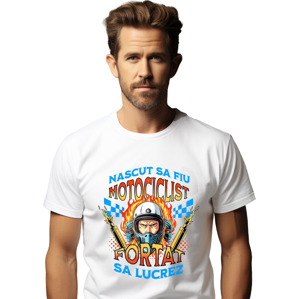 Tricou Femei, Barbati, Copii, Fata, Baiat, Unisex Personalizat Om Cu Cască De Protecție, Motor, Tobele Eșapamentului și Flăcări – Pasiune Moto [1]