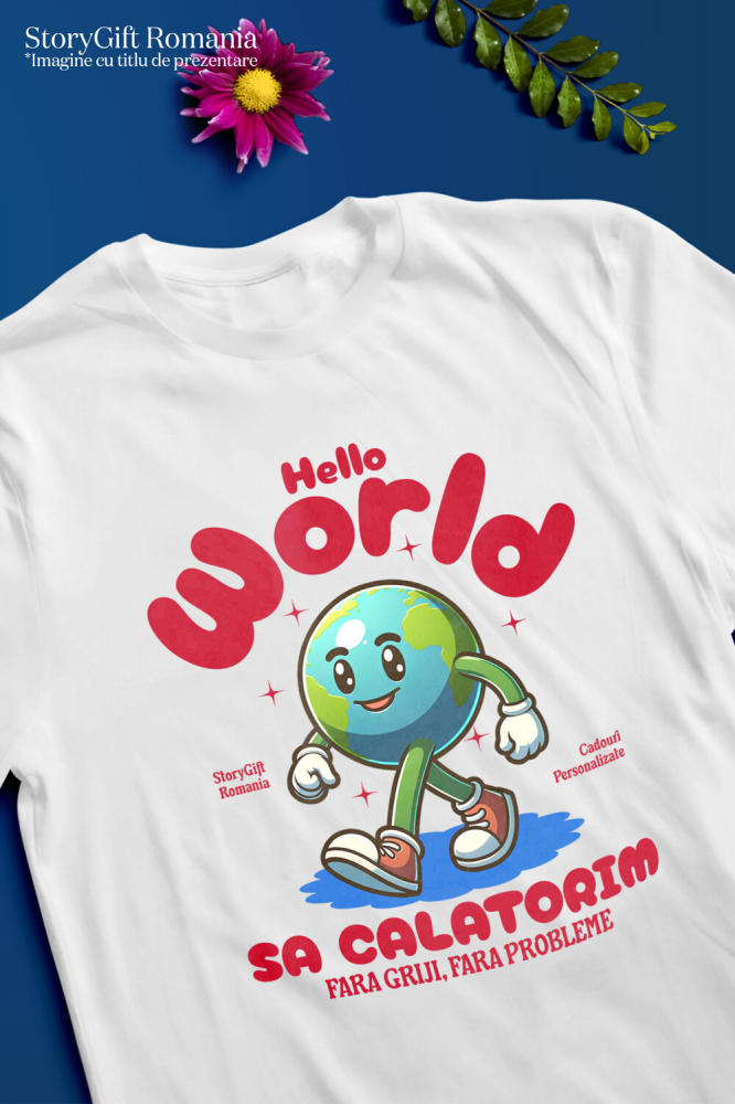 Tricou Femei, Barbati, Copii, Fata, Baiat, Unisex Personalizat "Produse personalizate pentru călătorii – Pământ animat cu adidași roșii și text Hello World" [3]