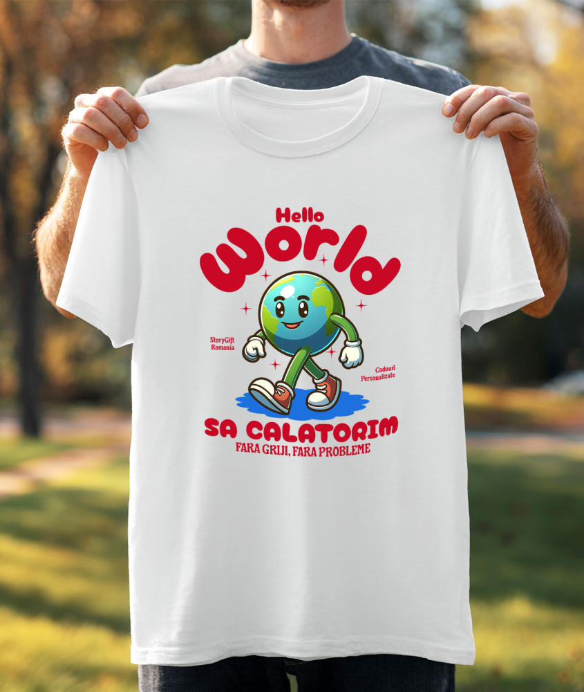 Tricou Femei, Barbati, Copii, Fata, Baiat, Unisex Personalizat "Produse personalizate pentru călătorii – Pământ animat cu adidași roșii și text Hello World" [3]