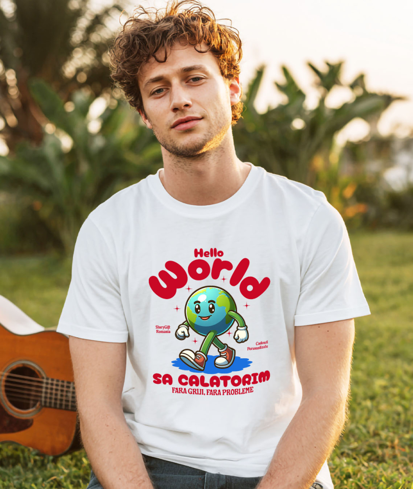 Tricou Femei, Barbati, Copii, Fata, Baiat, Unisex Personalizat "Produse personalizate pentru călătorii – Pământ animat cu adidași roșii și text Hello World" [2]