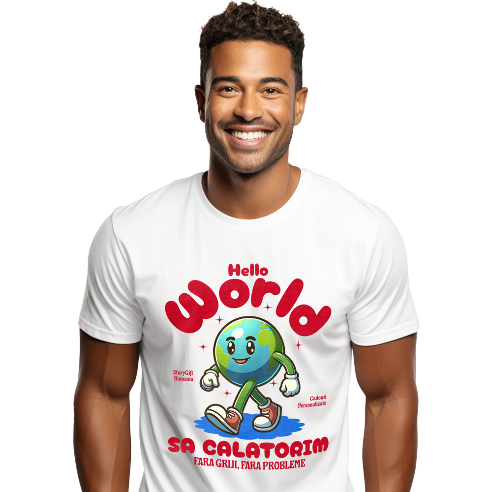 Tricou Femei, Barbati, Copii, Fata, Baiat, Unisex Personalizat "Produse personalizate pentru călătorii – Pământ animat cu adidași roșii și text Hello World" [1]