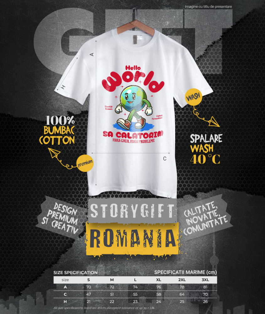 Tricou Femei, Barbati, Copii, Fata, Baiat, Unisex Personalizat "Produse personalizate pentru călătorii – Pământ animat cu adidași roșii și text Hello World" [4]