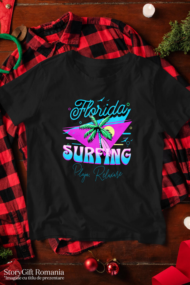 Tricou Femei, Barbati, Copii, Fata, Baiat, Unisex Personalizat "Produse personalizate pentru vacanță – Palmier cu nuci de cocos și placă de surf în Florida pentru surfing" [3]
