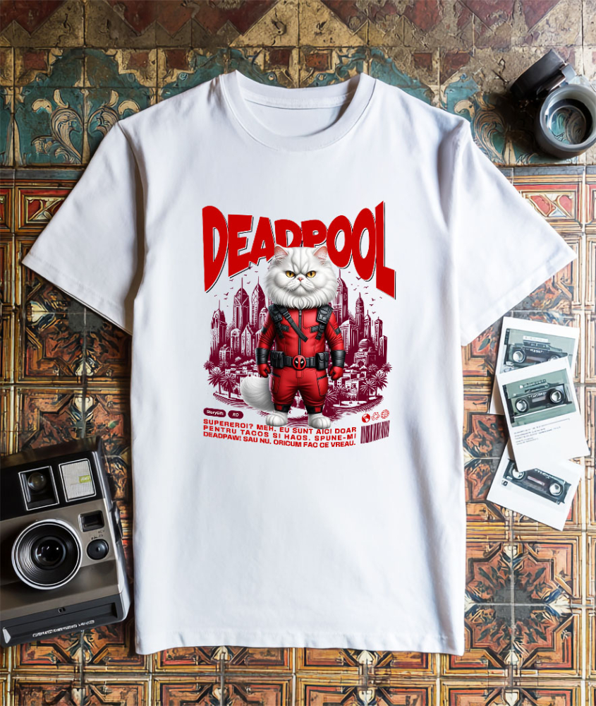 Tricou Femei, Barbati, Copii, Fata, Baiat, Unisex Personalizat Pisică Persană în Costum Deadpool – Supererou Haioș și Personalizat [3]