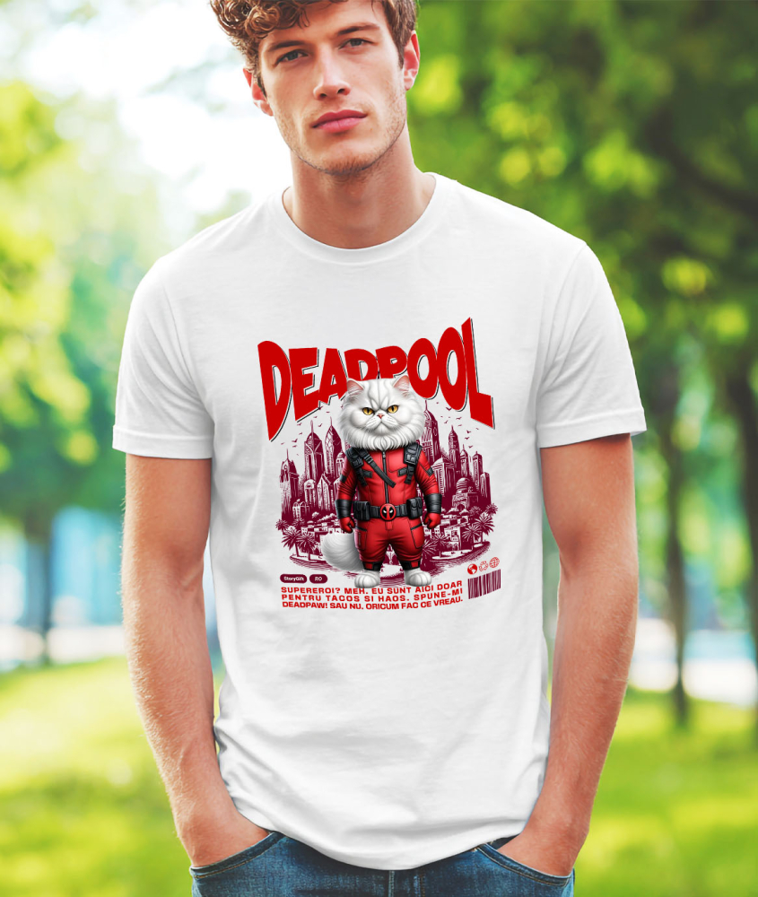 Tricou Femei, Barbati, Copii, Fata, Baiat, Unisex Personalizat Pisică Persană în Costum Deadpool – Supererou Haioș și Personalizat [2]
