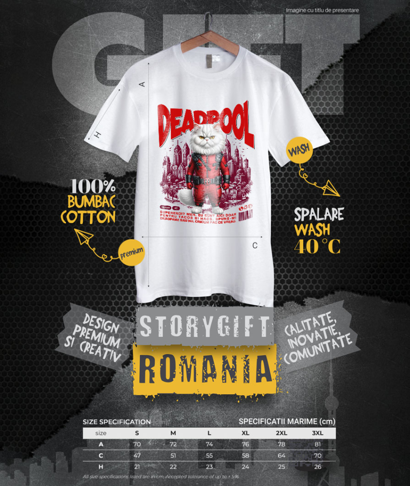 Tricou Femei, Barbati, Copii, Fata, Baiat, Unisex Personalizat Pisică Persană în Costum Deadpool – Supererou Haioș și Personalizat [4]