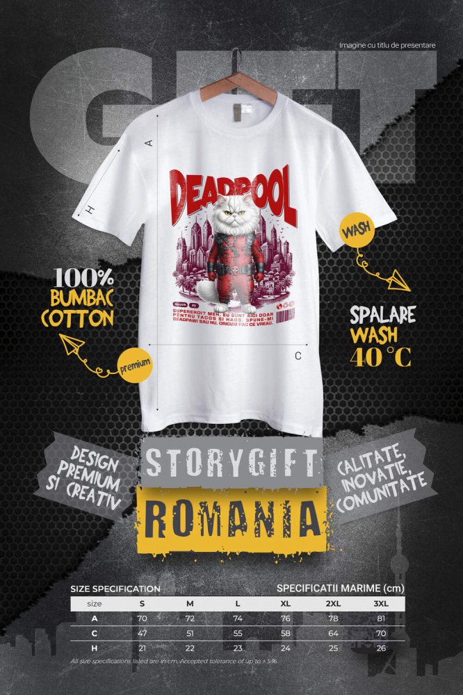 Tricou Femei, Barbati, Copii, Fata, Baiat, Unisex Personalizat Pisică Persană în Costum Deadpool – Supererou Haioș și Personalizat [4]