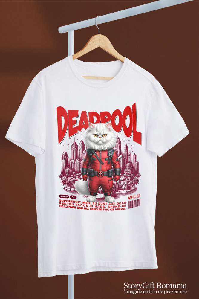 Tricou Femei, Barbati, Copii, Fata, Baiat, Unisex Personalizat Pisică Persană în Costum Deadpool – Supererou Haioș și Personalizat [3]