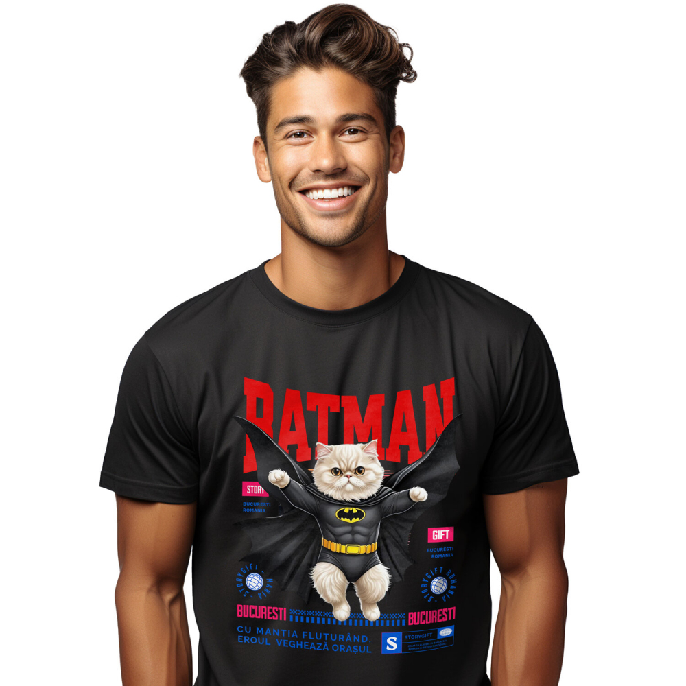 Tricou Femei, Barbati, Copii, Fata, Baiat, Unisex Personalizat Pisica Persană în Costum de Batman – Supererou Haioasă pentru Iubitorii de Pisici și Copii [1]