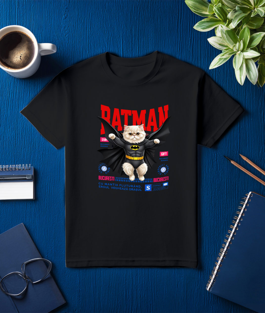 Tricou Femei, Barbati, Copii, Fata, Baiat, Unisex Personalizat Pisica Persană în Costum de Batman – Supererou Haioasă pentru Iubitorii de Pisici și Copii [3]