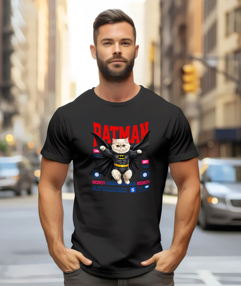 Tricou Femei, Barbati, Copii, Fata, Baiat, Unisex Personalizat Pisica Persană în Costum de Batman – Supererou Haioasă pentru Iubitorii de Pisici și Copii [2]