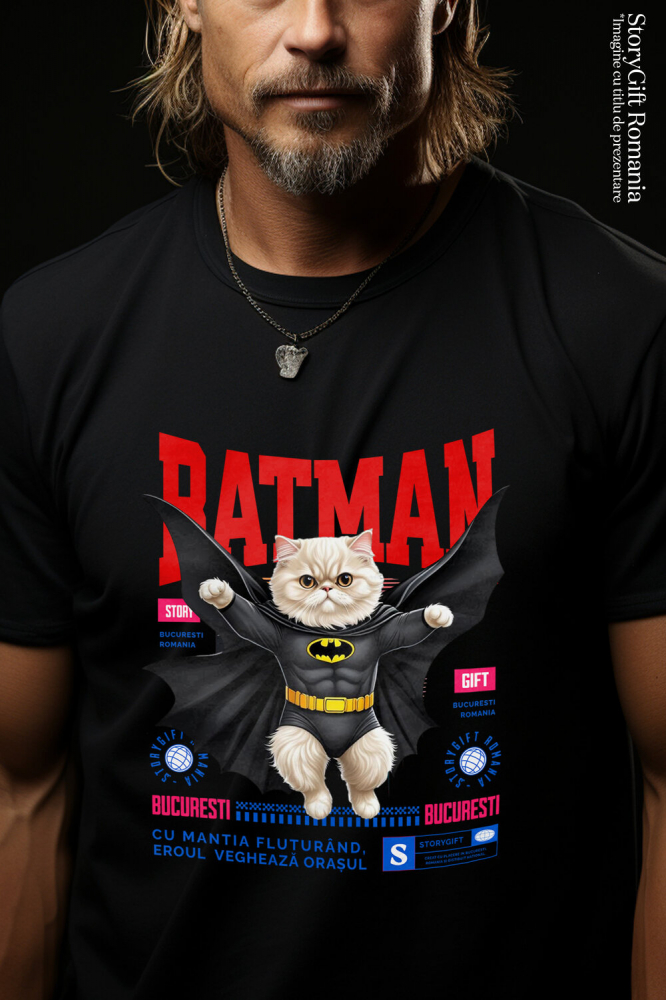 Tricou Femei, Barbati, Copii, Fata, Baiat, Unisex Personalizat Pisica Persană în Costum de Batman – Supererou Haioasă pentru Iubitorii de Pisici și Copii [2]