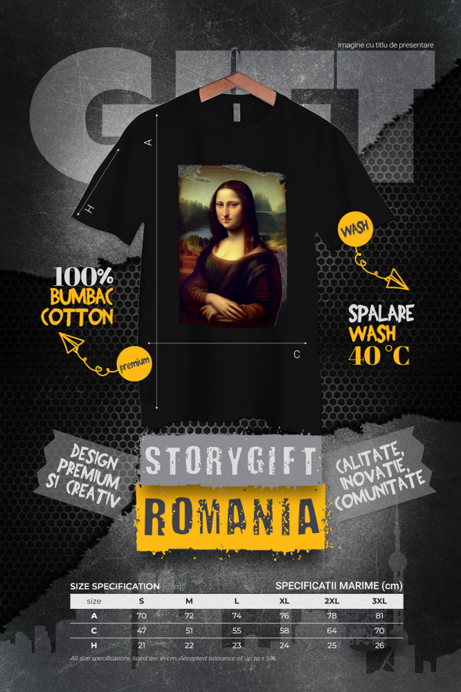 Tricou Barbati Cu Pictura Stil Gioconda, Leonardo da Vinci, Mona Lisa, Arta Clasica,  cu imprimeu pe Fata, 100% Bumbac, Negru, S [4]