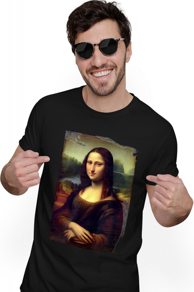 Tricou Barbati Cu Pictura Stil Gioconda, Leonardo da Vinci, Mona Lisa, Arta Clasica,  cu imprimeu pe Fata, 100% Bumbac, Negru, S [1]