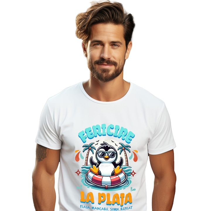 Tricou Barbati cu Pinguin Cu Ochelari De Soare Colac Pe Mare Plaja Tropicala cu imprimeu pe Fata, 100% Bumbac, Alb, M [1]